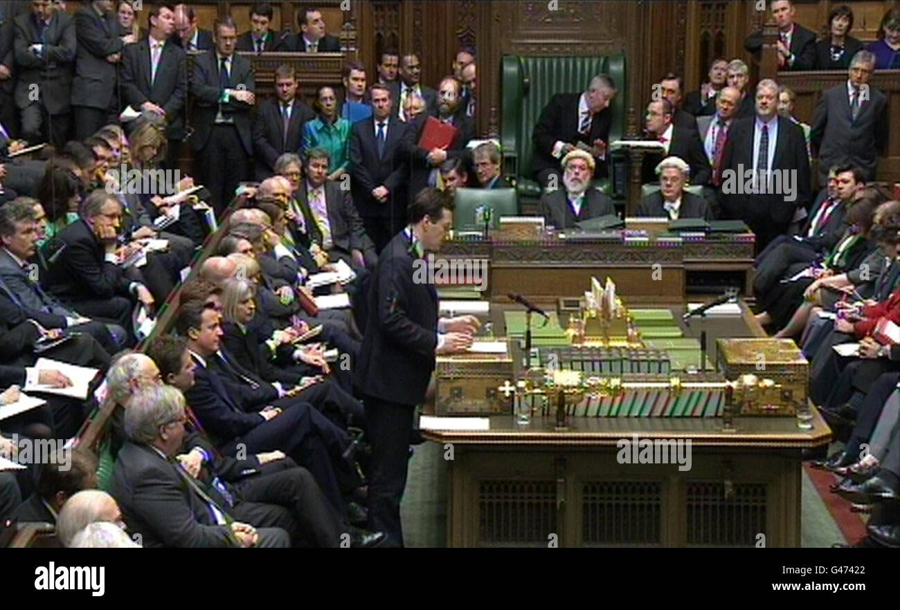 Kanzler George Osborne liefert sein Budget im Londoner Unterhaus. Stockfoto