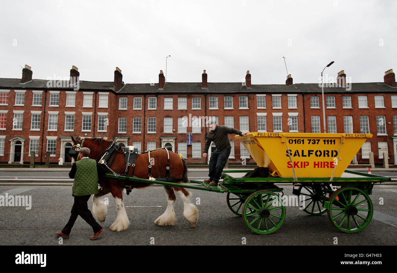 Hope the Shire Horse, angeführt von Wynne Hull und dem Besitzer von Salford Skip Hire Tony Cauchi (rechts) vor einem langsamen Protest gegen die steigenden Treibstoffkosten zwischen Salford und dem Stadtzentrum von Manchester. Stockfoto