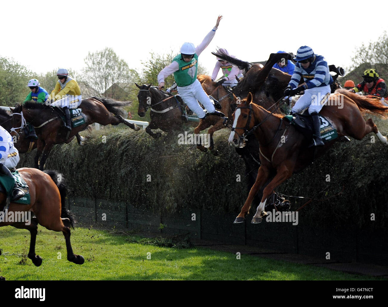 Der Jockey P. W.Mullins wird während des Grand National Day auf der Aintree Racecourse, Liverpool, aus dem Sattel des Dooneys Gate am Bechers Brook im Grand National abgefeuert. Stockfoto