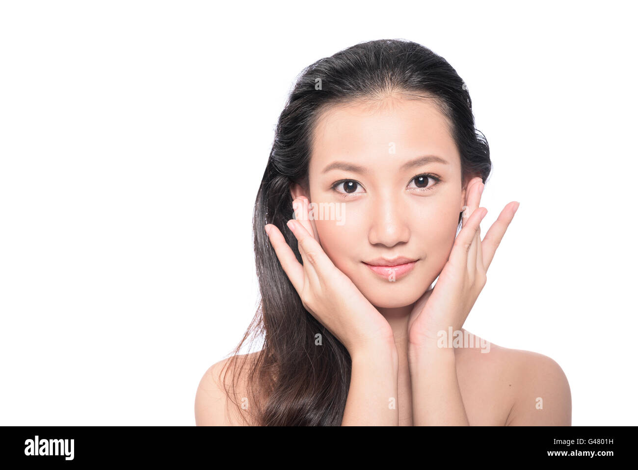 asiatische Frau auf weißem Hintergrund Stockfoto