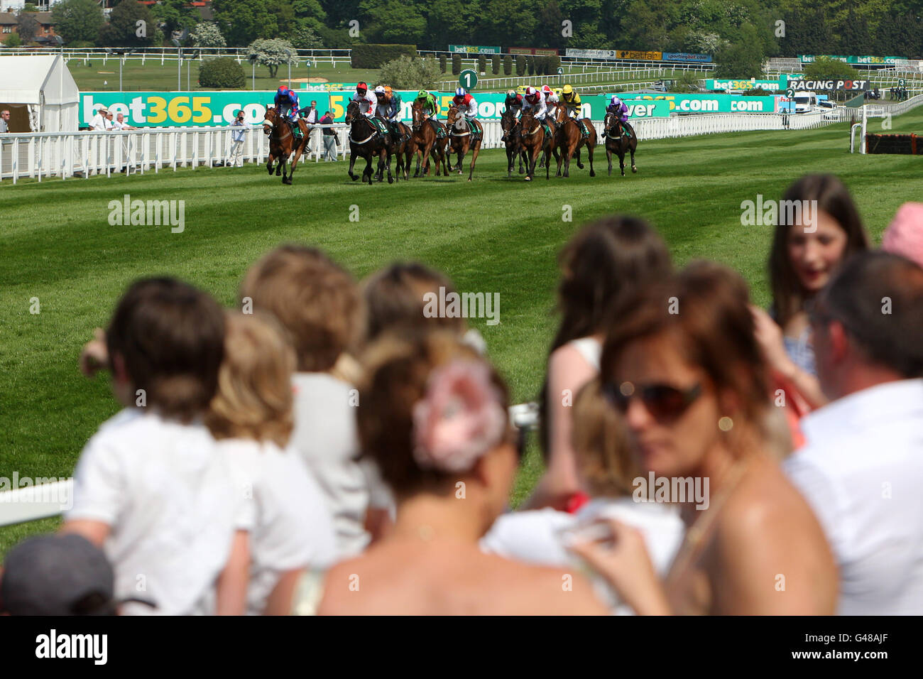 Pferderennen - bet365 Gold Cup Easter Festival - Sandown Park. Rennfahrer sehen sich an, wie die Läufer der bet365 Handicap-Hürde auf der Sandown Racecourse den letzten Furlong hinaufsteigen Stockfoto