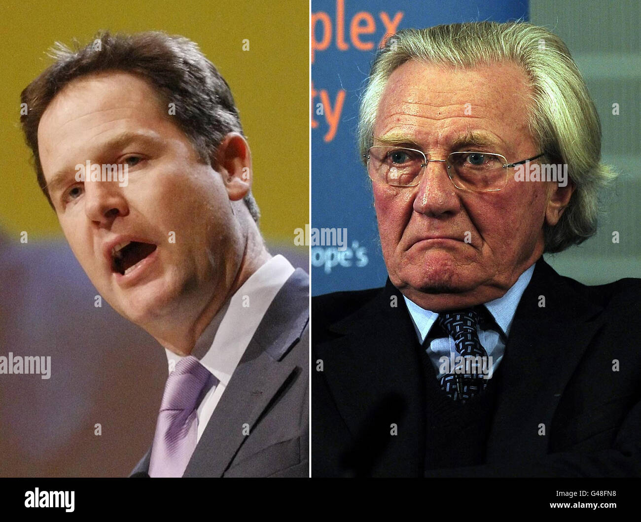 Undatierte Fotos von Vizepremierminister Nick Clegg (links) und Lord Heseltine. Clegg wird heute gemeinsam mit dem ehemaligen Kabinettsminister Pläne für Investitionen in 450 Millionen Unternehmen in ganz England vorstellen, die auf die Schaffung oder den Erhalt von 100,000 Arbeitsplätzen abzielen. Stockfoto