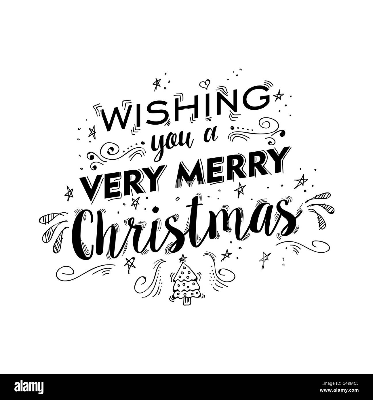 Frohe Weihnachten Schriftzug handschriftlichen Entwurf. Happy Xmas Wünsche Text zitieren mit Ornament Doodle Zeichnungen für Poster, Urlaub grüßen Stock Vektor