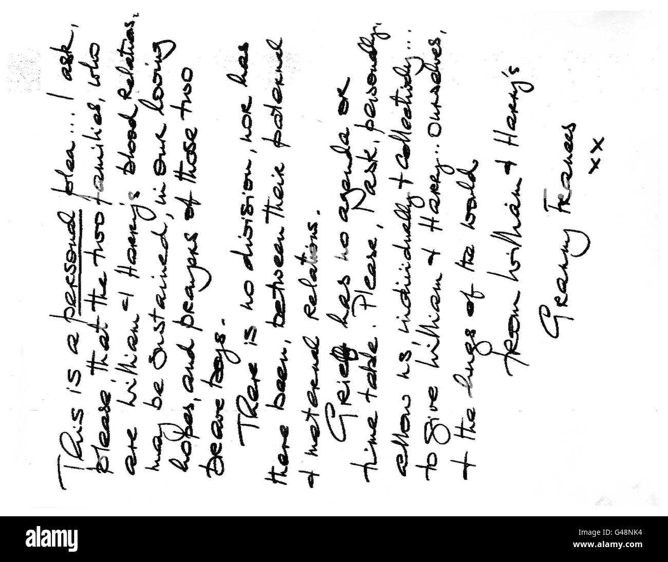 Die handgeschriebene Erklärung von Frances Shand Kydd leugnen jeden Riss zwischen der königlichen Familie und den Spencers über die Beerdigung ihrer Tochter, Diana Prinzessin von Wales. PA. SIEHE PA GESCHICHTE DIANA FAMILIEN. Stockfoto