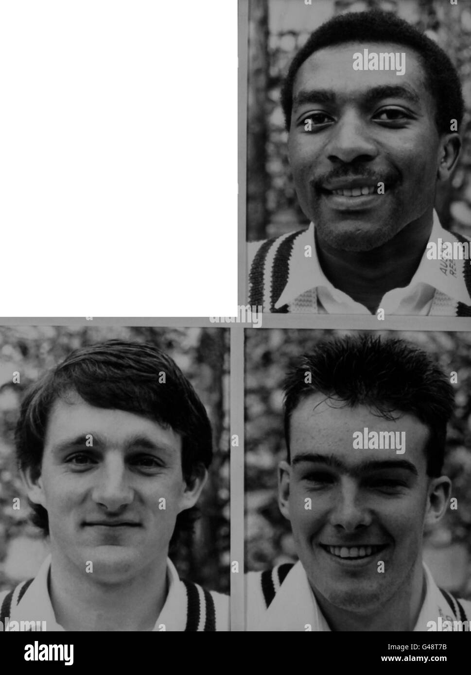 Cricket - Middlesex County Cricket Team - 1987 - Porträts. Mitglieder von Middlesex CCC für die Saison 1987, bei Lords. Oben; Neil Williams, unten, von links nach rechts; Ian Hutchinson und Alastair Fraser. Stockfoto