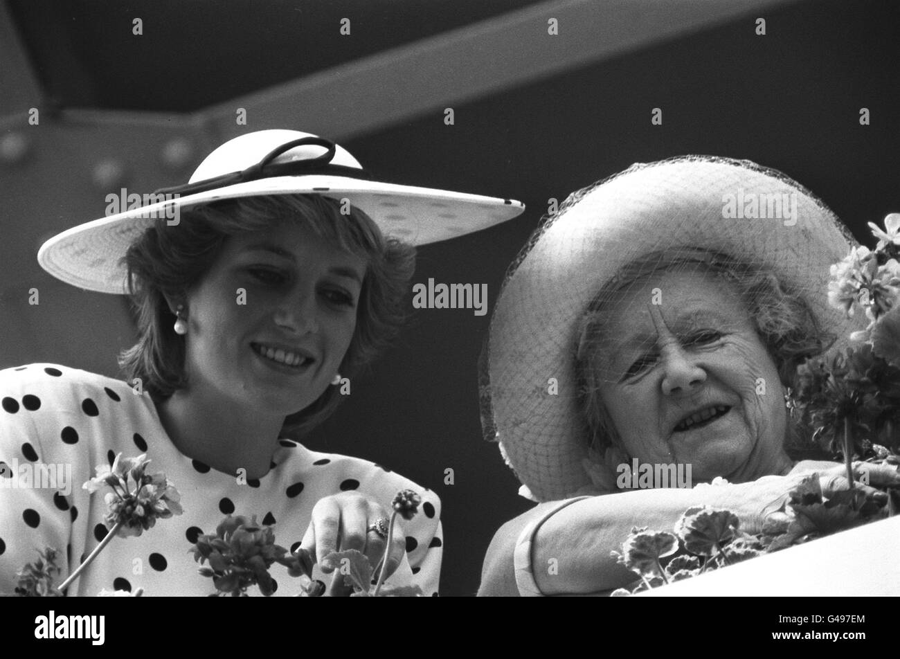 PA-NEWS JUNI 1986 FOTO DIE KÖNIGIN-MUTTER MIT DER PRINZESSIN VON WALES BEI ROYAL ASCOT-RENNEN Stockfoto