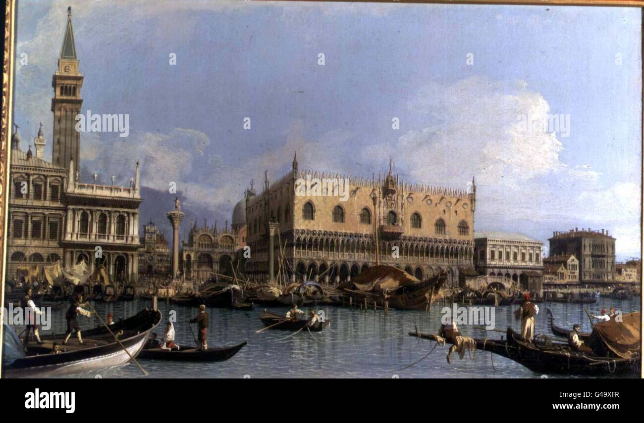 VENEDIG, DER MOLO VOM BACINO DI SAN MARCO MIT DER PIAZZETTA UND DEM PALAZZO DUCALE von Giovanni Antonio Canal, Canaletto genannt, eine von zwei venezianischen Szenen des Künstlers, die auf dem Höhepunkt seiner Macht, wahrscheinlich in den 1720er Jahren, Verkauft für 5,061,500 bei Sotheby's in London heute Abend (Mittwoch). Sie zeigten Ansichten des Canale Grande und wurden von einem Telefonanbieter gekauft. Die Bilder waren das Top-Los bei einem Verkauf von Old Masters, der einen Rekord von 28.6 Millionen erzielte, die höchste Summe seit dem Höhepunkt des Old Master-Marktes im Jahr 1989. Siehe PA Story SALE Canaletto. PA-Fotos. Stockfoto