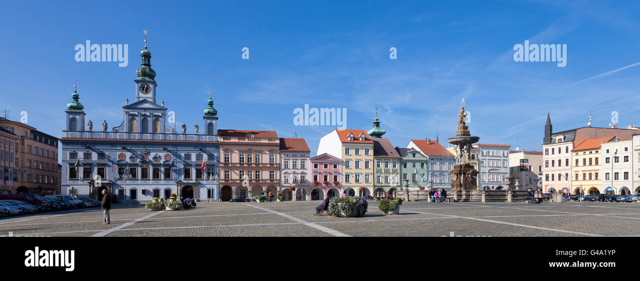 Historischen Zentrum von Budweis, Samson-Brunnen und Rathaus, Budweis, Budvar, Süd-Böhmen, Tschechische Republik, Europa Stockfoto
