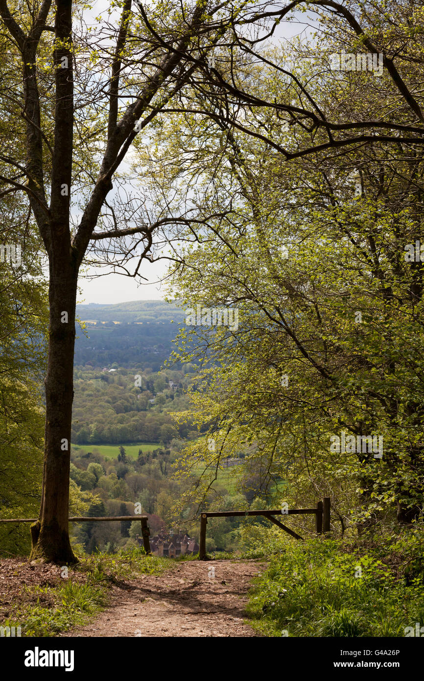 Pole-Zaun an Spitze der malerischen Aussicht auf steile Dorf aus Ashford Kleiderbügel, Hampshire, England, Vereinigtes Königreich, Europa Stockfoto