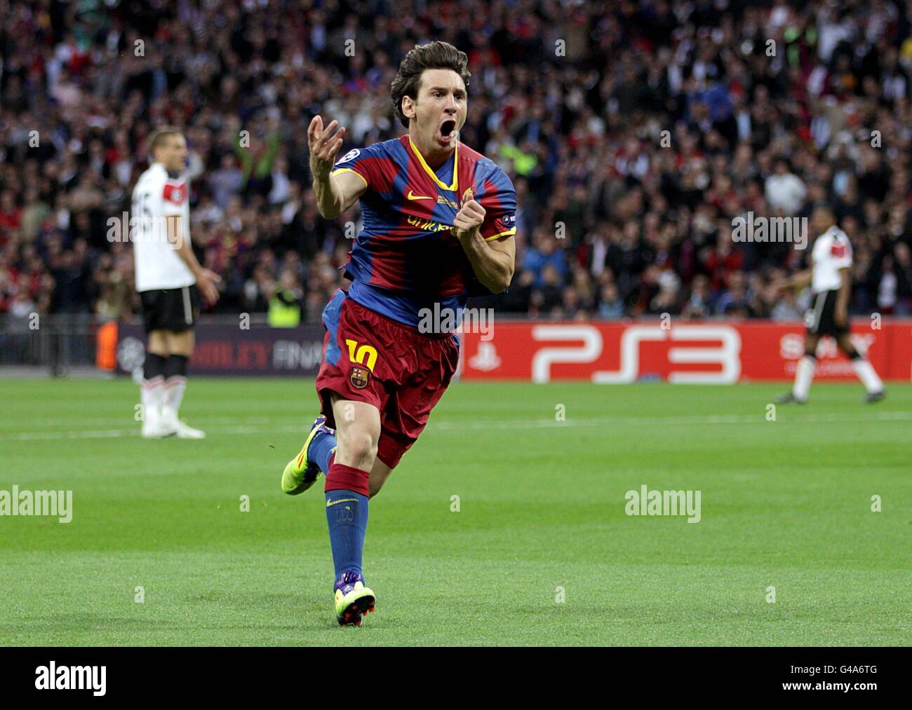 Fußball - UEFA Champions League - Finale - Barcelona / Manchester United - Wembley Stadium. Der Barceloners Lionel Messi feiert das zweite Tor seines Spielers Stockfoto