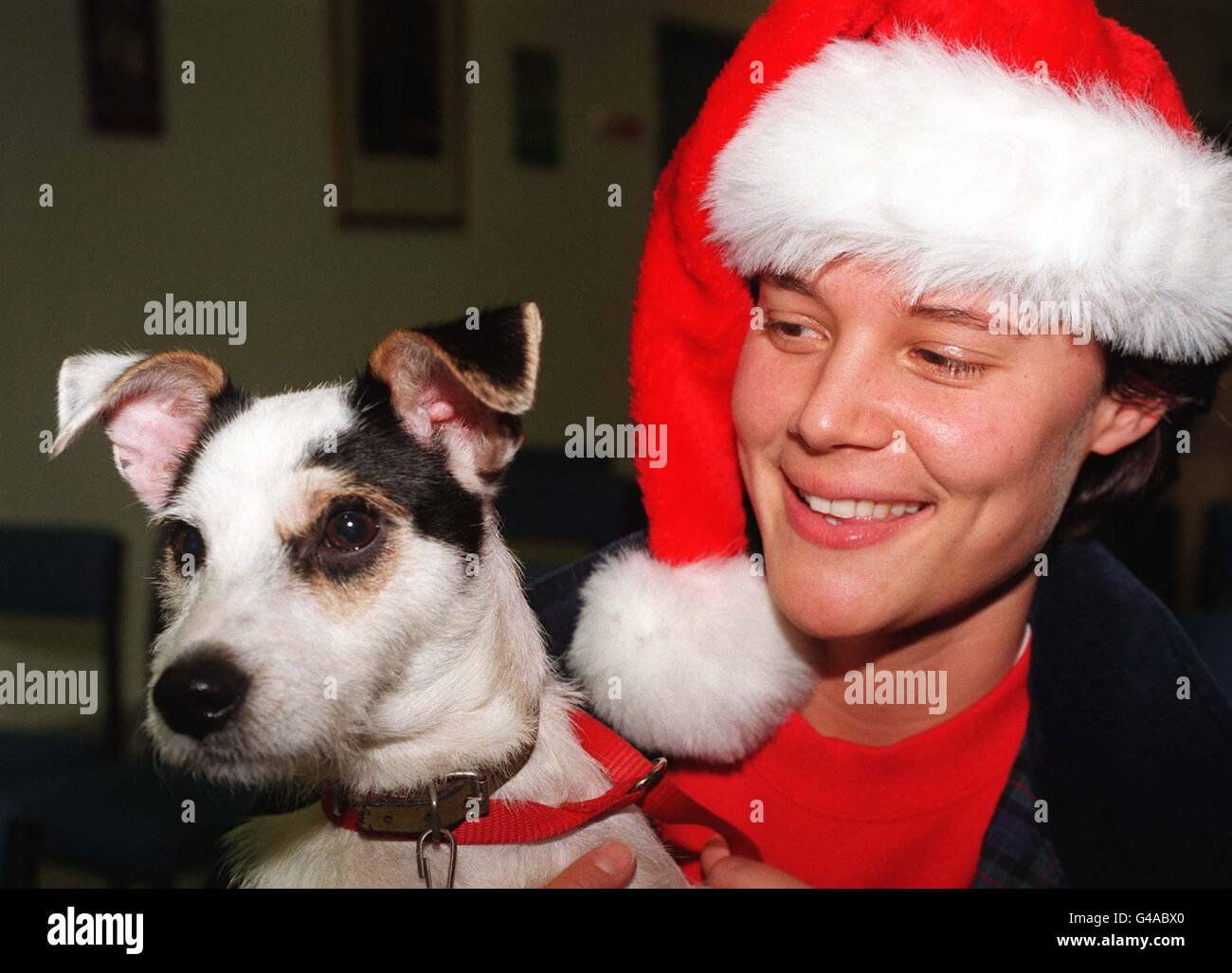 Melissa Wareham, Head of Rehoming im Battersea Dogs' Home, kuschelt heute (Donnerstag) ihre erste Weihnachtsankunft - einen Fuchsterrier, den sie treffend "Santa" genannt haben. Das kämpfende Tier wurde am frühen Morgen von einem Passanten im Fluss entdeckt, der hereinwatete, um es zu retten, bevor er es in die Sicherheit des berühmten Heiligtums für verlassene Hunde brachte, wo er bleiben wird, bis sie ihm ein geeignetes Zuhause finden. Siehe PA Geschichte TIERE Hund. Foto von Sean Dempsey/PA Stockfoto