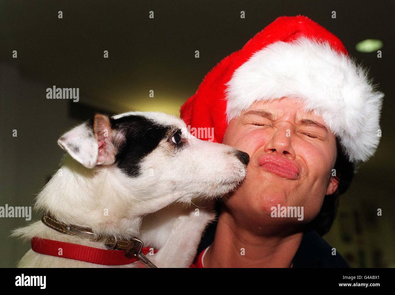 Melissa Wareham, Head of Rehoming im Battersea Dogs' Home, erhält heute (Donnerstag) einen Weihnachtskuss von ihrer letzten Ankunft - einem Fuchsterrier, den sie treffend den Spitznamen „Santa“ haben -. Das kämpfende Tier wurde heute früh am Morgen von einem Passanten im Fluss entdeckt, der hereinwatete, um es zu retten, bevor er es in die Sicherheit des berühmten Heiligtums für verlassene Hunde brachte, wo er bleiben wird, bis sie ihm ein geeignetes Zuhause finden. Siehe PA Geschichte TIERE Hund. Foto von Sean Dempsey/PA Stockfoto