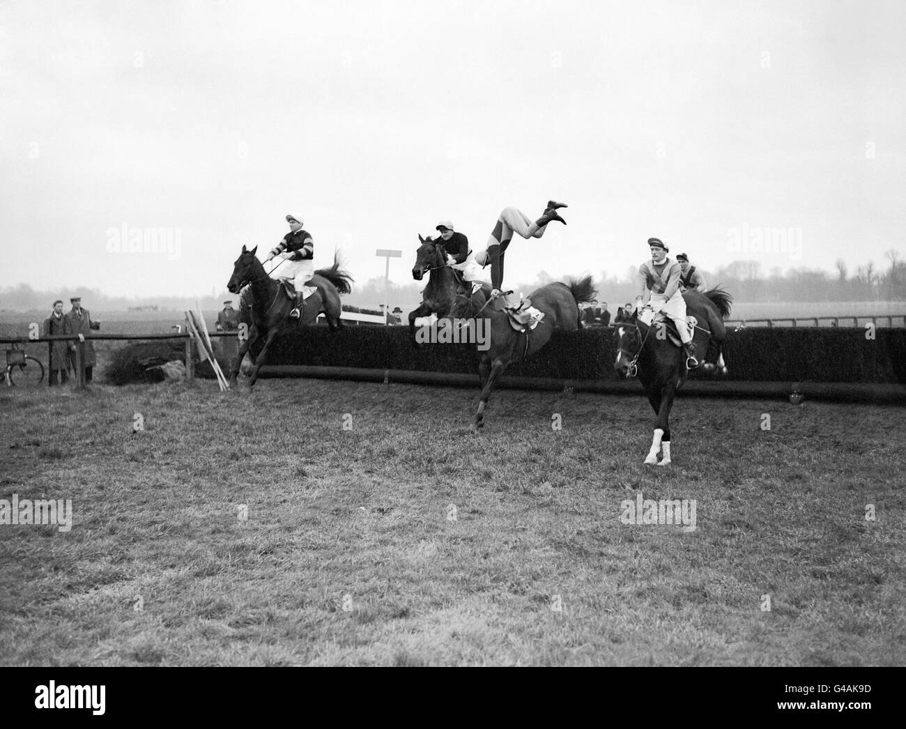 Champion Jockey Freddie Winter hat einen spektakulären Fall, als er den Sattel verlässt und in die Luft geht mit 'Jim' (15), landete er wieder auf seinem Reittier, bevor er fiel. Stockfoto