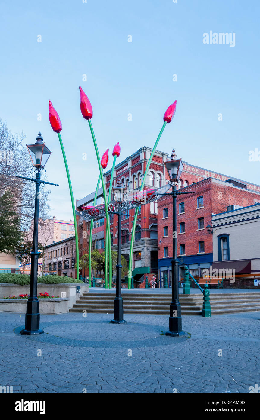 Tulpe-Skulptur, Bastion Square, Victoria, Vancouver Island, British Columbia, Kanada Stockfoto