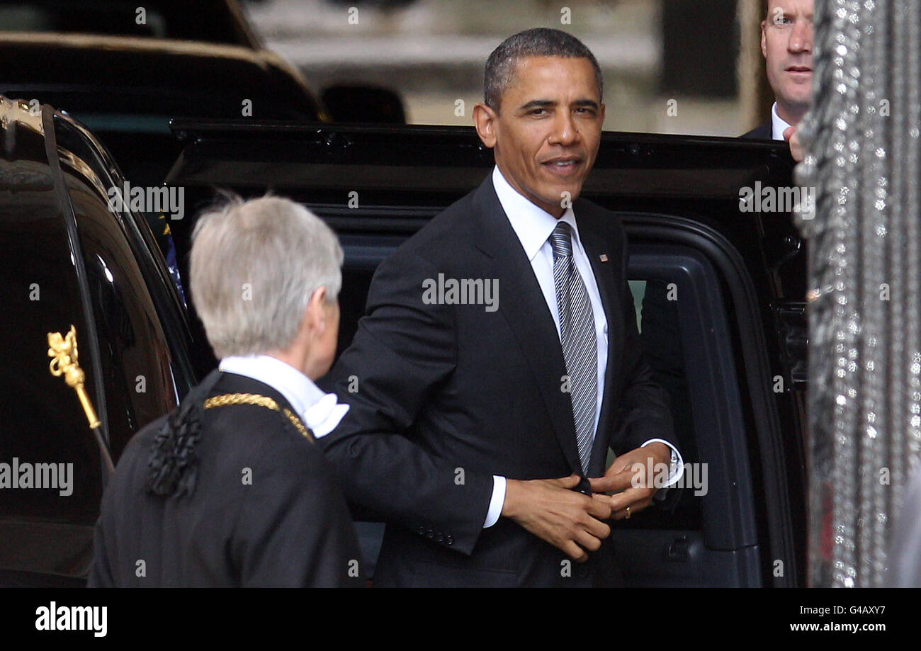 US-Präsident Barak Obama kommt in den Palästen von Westminster an, um beide Häuser im Rahmen seines Staatsbesuchs in Großbritannien anzusprechen. Stockfoto