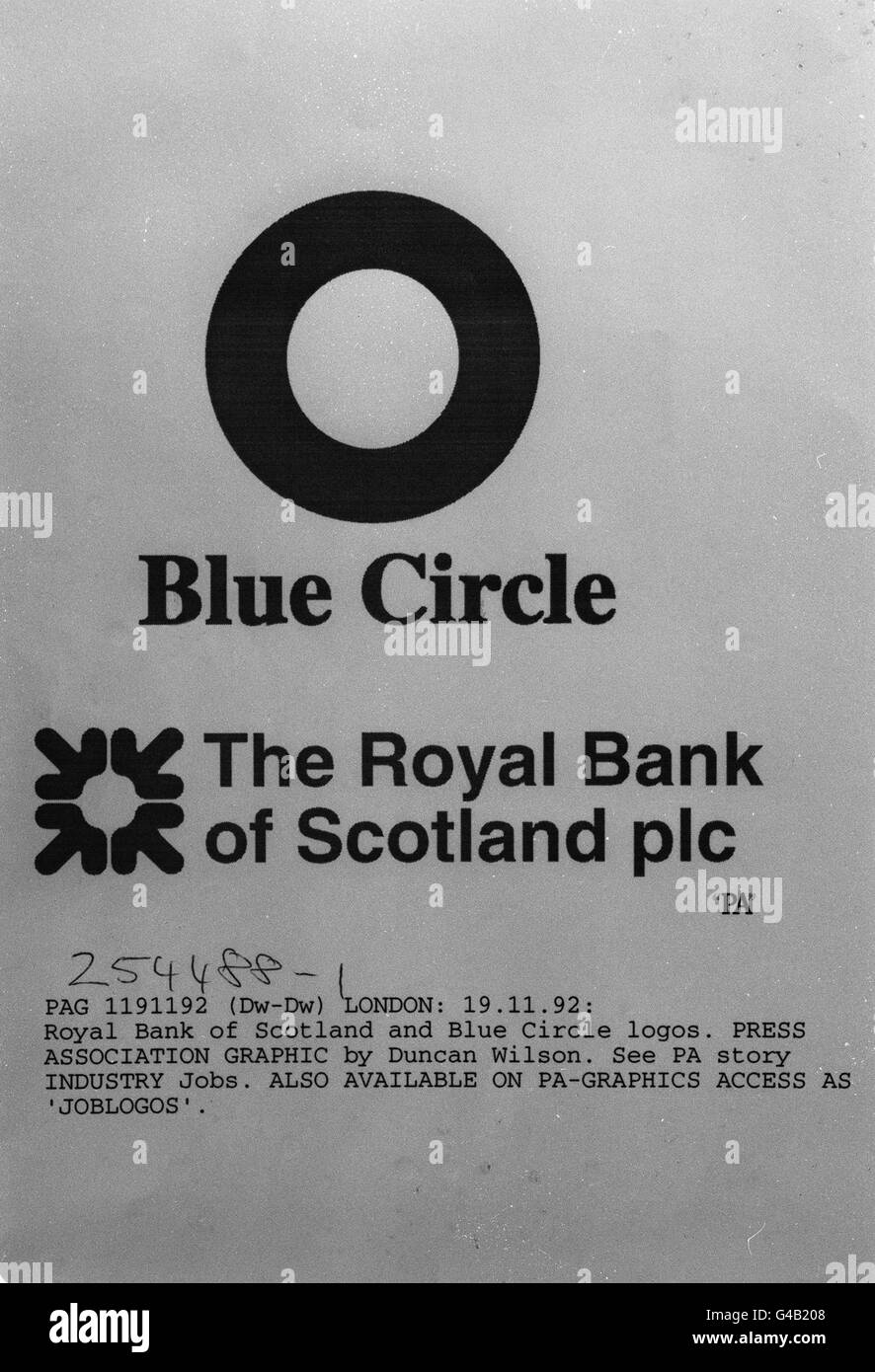 PA NEWS FOTO 19/11/92 FIRMENLOGOS GRAFIK DER ROYAL BANK OF SCOTLAND UND BLAUE KREIS-LOGOS Stockfoto