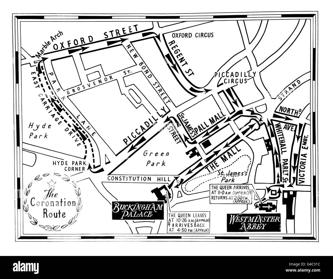 Pfeile zeigen den Prozessionsweg der Krönung von Königin Elisabeth II.. Die Route beginnt am Buckingham Palace die Mall hinunter, entlang des Victoria Embankment zur Abtei. Die Rückfahrt dauert länger. Stockfoto