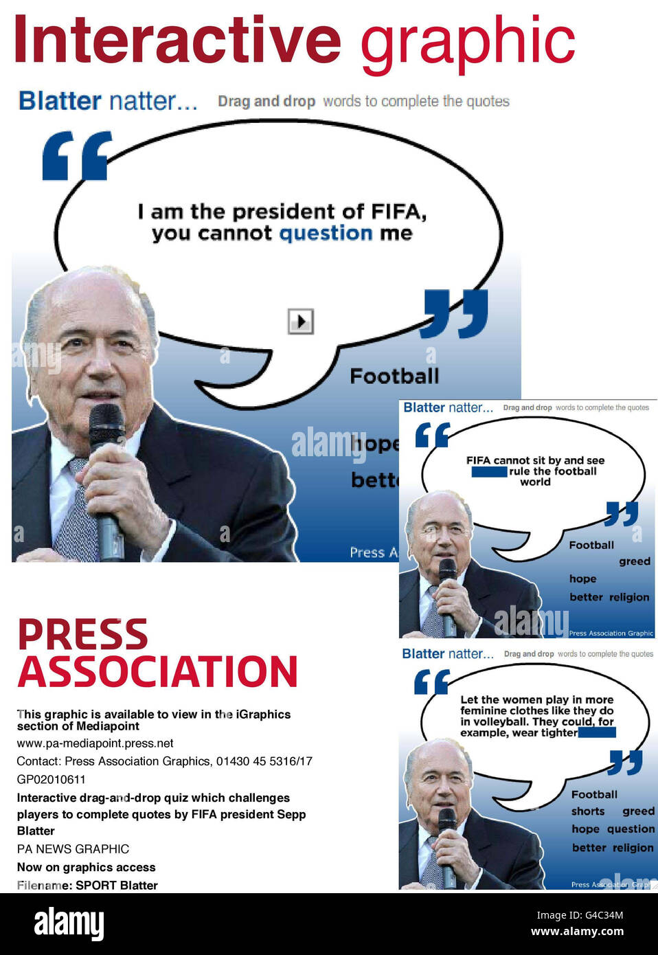 Interaktives (Flash) Drag-and-Drop-Quiz, bei dem die Spieler zum Ausfüllen von Zitaten herausfordert Von FIFA-Präsident Sepp Blatter Stockfoto