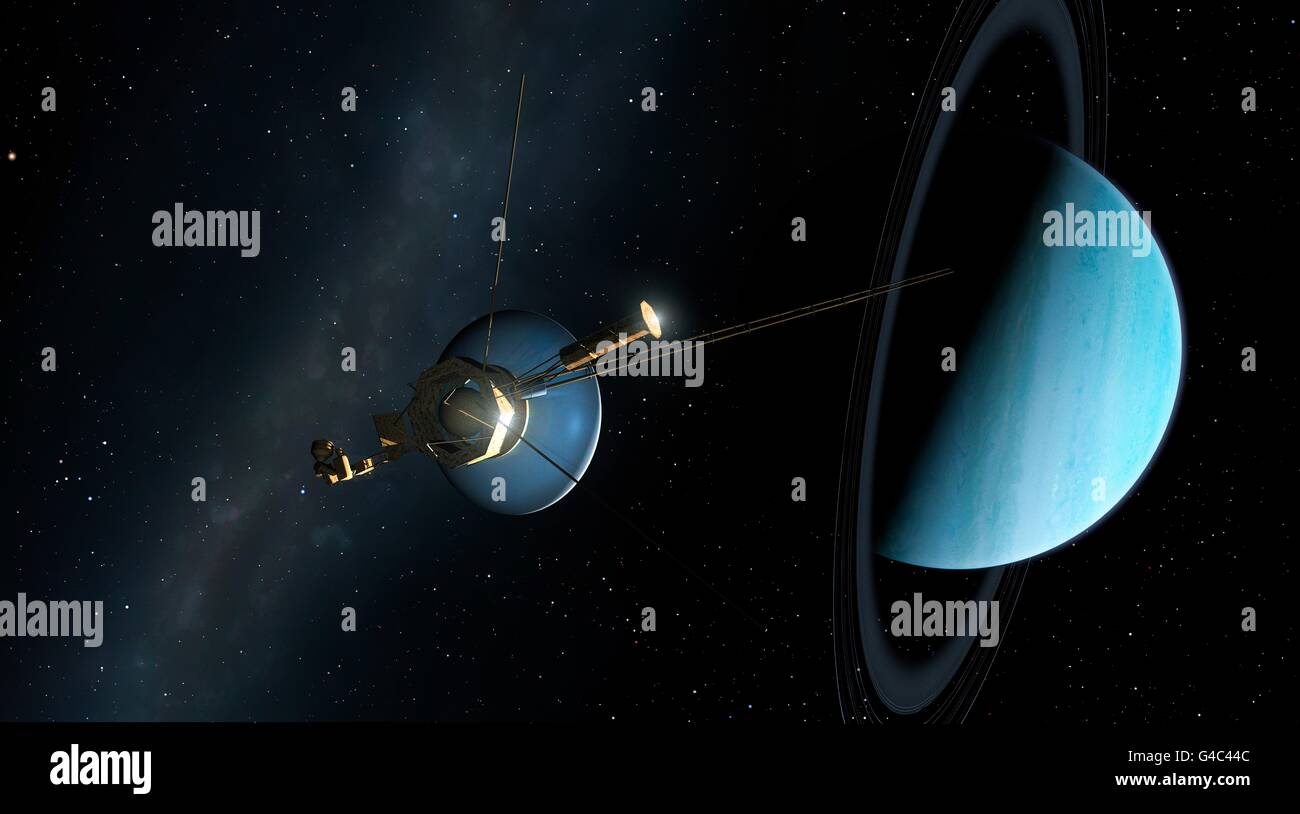 Voyager-Sonde bei Uranus, Kunstwerk. Beiden Voyager-Sonden (Voyager 1 und Voyager 2) wurden im Jahr 1977 ins Leben gerufen. Dieses Timing nutzte eine seltene Ausrichtung der äußeren Gasplaneten Jupiter, Neptun, die das Raumschiff in einer einzigen Mission Besuch ermöglicht. Die Sonden strahlte erfolgreich Bilder und wissenschaftlichen Daten zurück auf die Erde mit ihrer Schale. Voyager 2 ist derzeit 110 AU von der Erde Â €"eines der am weitesten entfernte vom Menschen geschaffenen Objekte im Raum. In dieser Abbildung gesehen es ist Übergabe des Planeten Uranus. Stockfoto