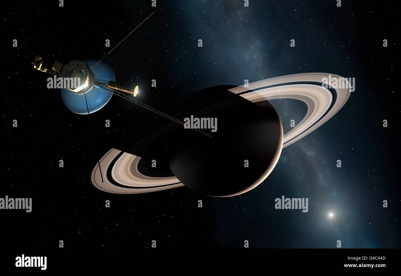 Voyager-Sonde bei Saturn, Kunstwerk. Beiden Voyager-Sonden (Voyager 1 und Voyager 2) wurden im Jahr 1977 ins Leben gerufen. Dieses Timing nutzte eine seltene Ausrichtung der äußeren Gasplaneten Jupiter, Neptun, die das Raumschiff in einer einzigen Mission Besuch ermöglicht. Die Sonden strahlte erfolgreich Bilder und wissenschaftlichen Daten zurück auf die Erde mit ihrer Schale. Voyager 2 ist derzeit 110 AU von der Erde Â €"eines der am weitesten entfernte vom Menschen geschaffenen Objekte im Raum. In dieser Abbildung gesehen es ist Übergabe des Planeten Saturn. Stockfoto