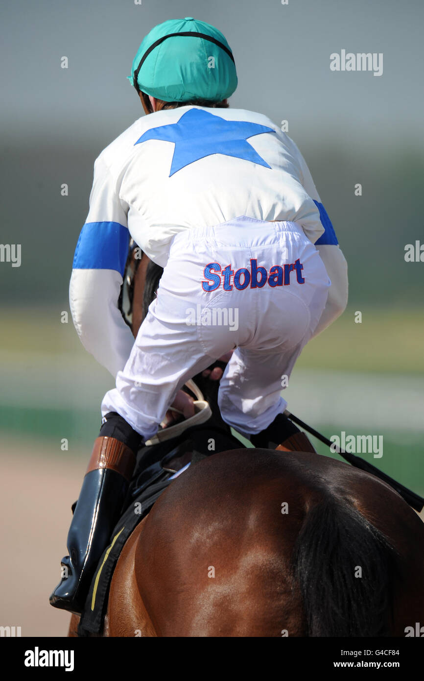 Eine Rückansicht von Jack Doyle auf Alpha Tauri vor The 32red Claiming Stakes Stockfoto