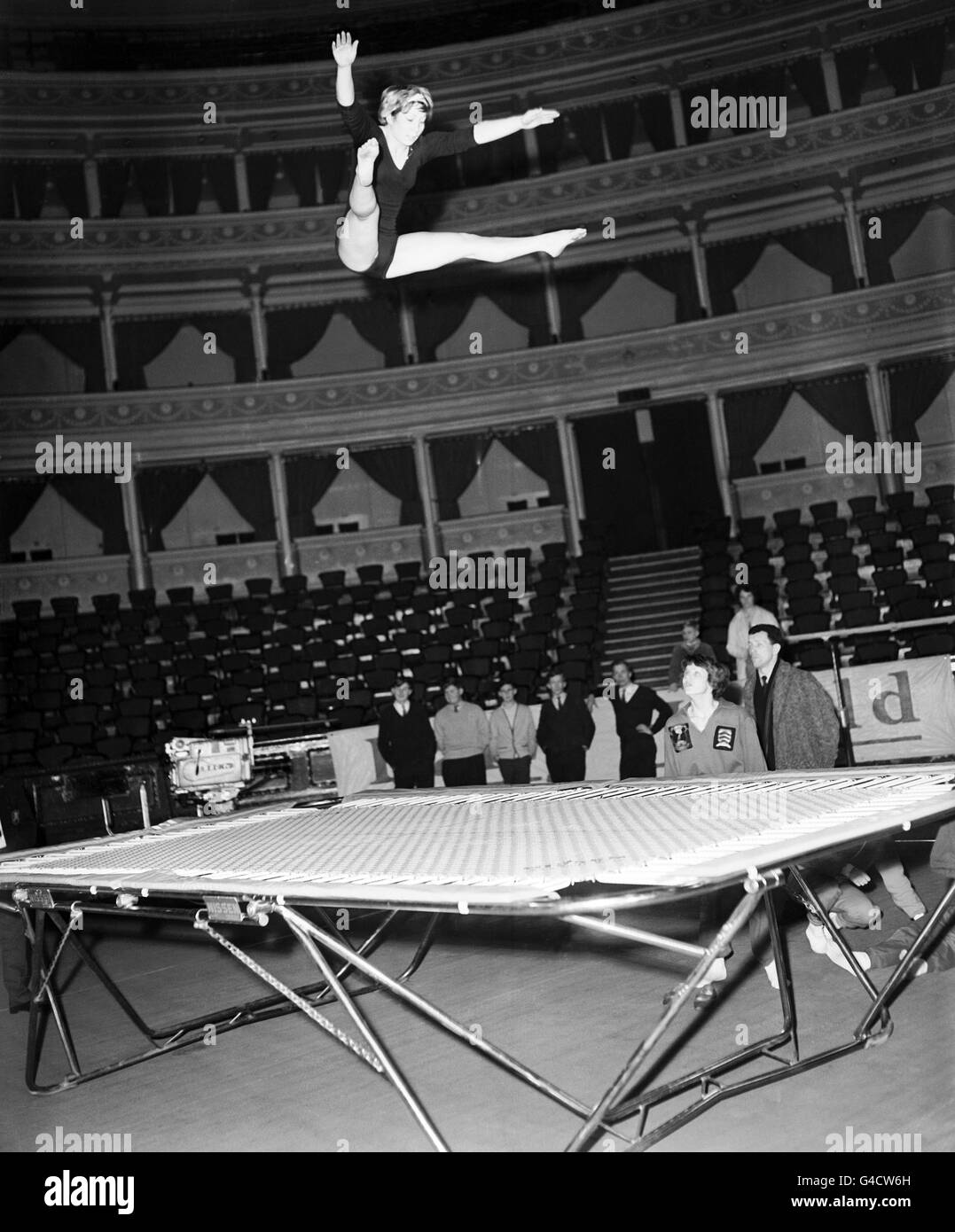 Jacqueline Allen, aus Cardiff, in Aktion auf dem Trampolin. Sie ist die Welsh Champion, Women's Champion of Great Britain und auch die Welsh Ladies Highboard Diving Champion. Stockfoto