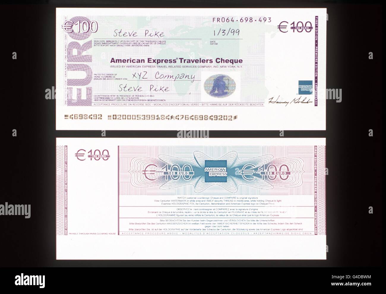 Das erste Beispiel eines Reisenden Check in der EURO-Währung. Siehe PA Geschichte GELD Euro. Stockfoto