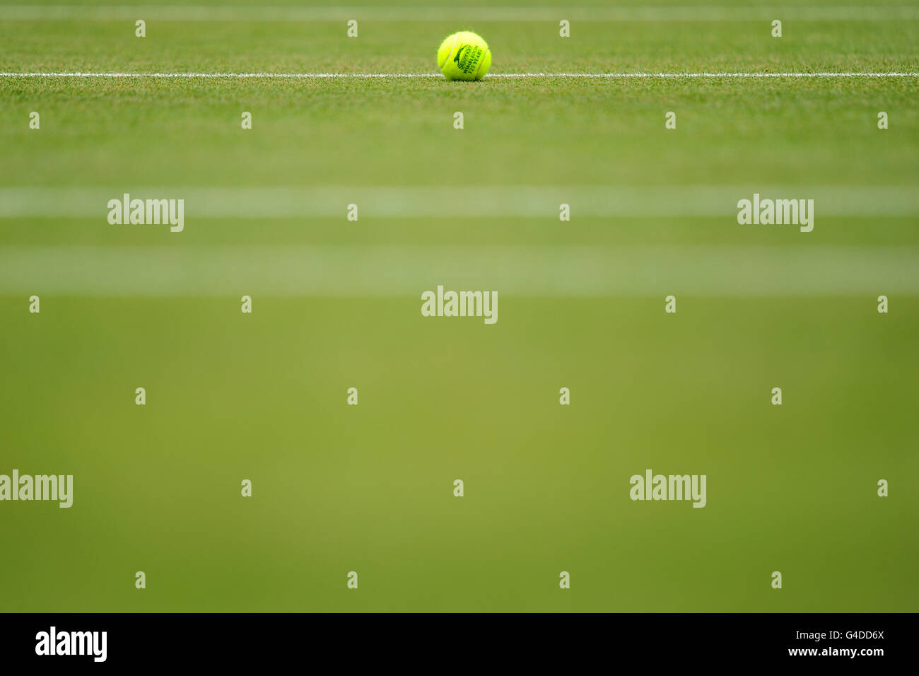 Allgemeine Ansicht eines offiziellen Slazenger Wimbledon Tennisballs auf dem Platz während Tag sechs der Wimbledon Championships 2011 im All England Lawn Tennis und Croquet Club, Wimbledon. Stockfoto