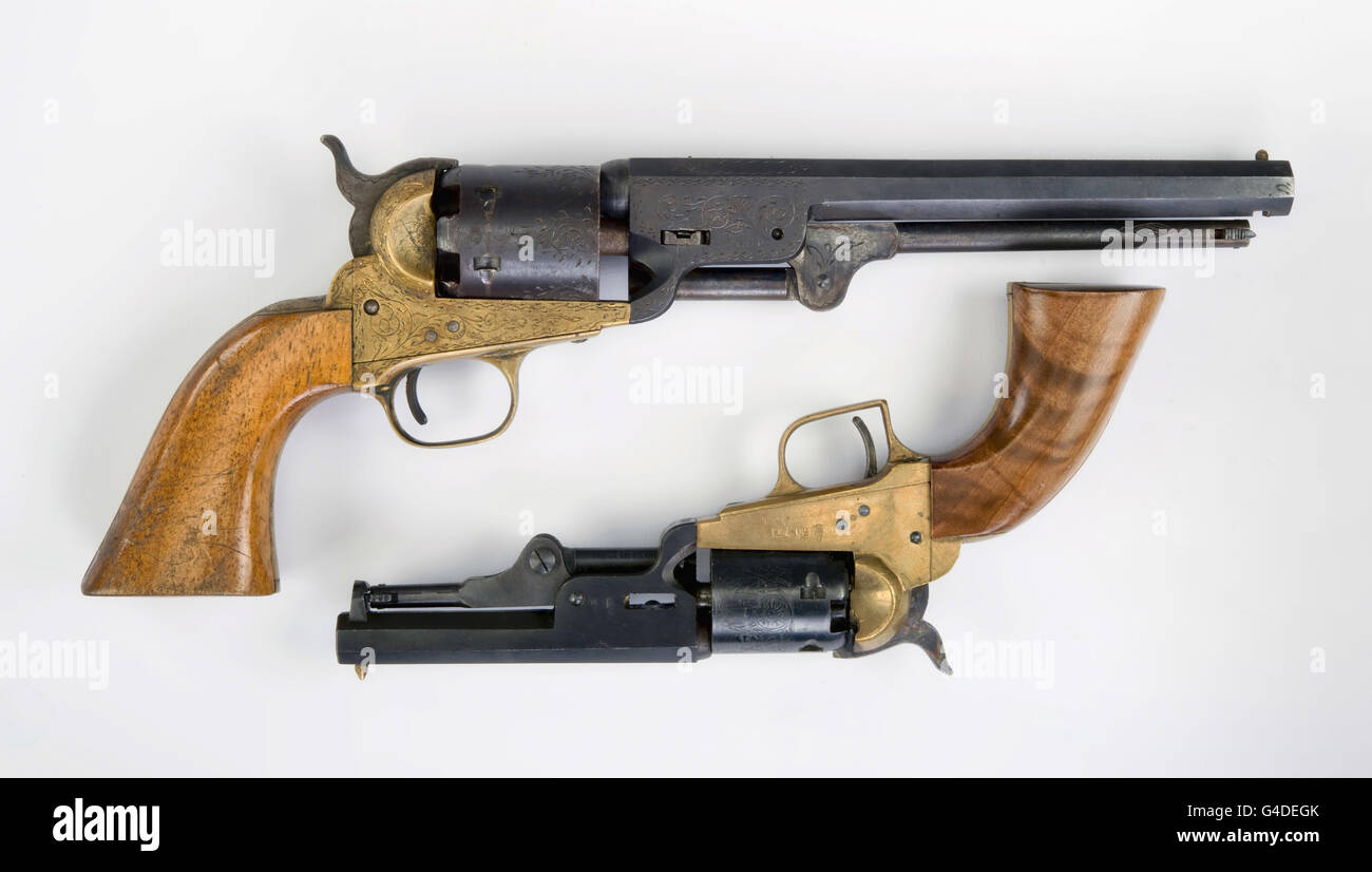 Zwei alte westliche six Shooter Cowboy Pistolen. Stockfoto
