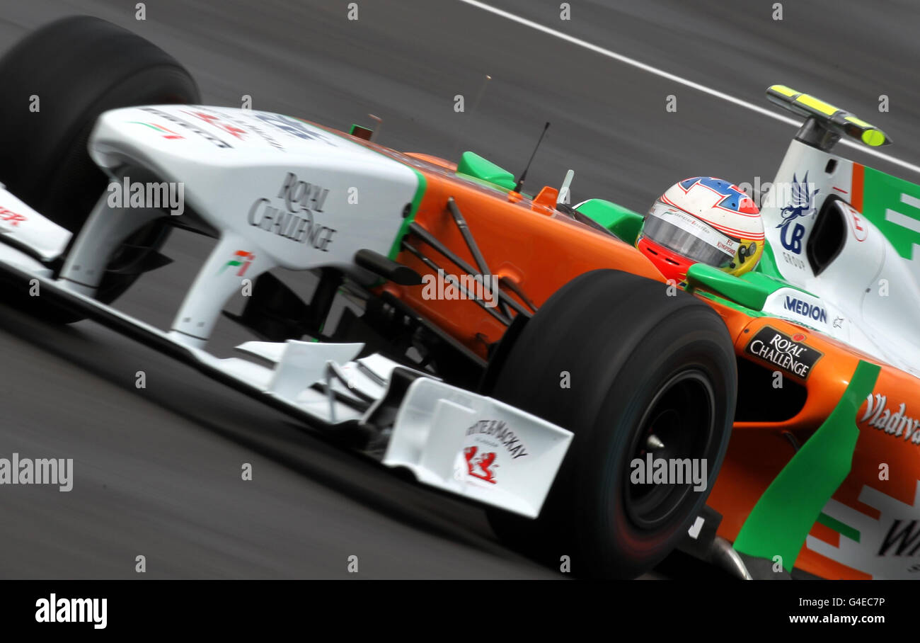 Forciere Indien Paul di Resta aus Großbritannien während des Trainings für den Formel 1 Santander British Grand Prix auf dem Silverstone Circuit, Northampton. Stockfoto