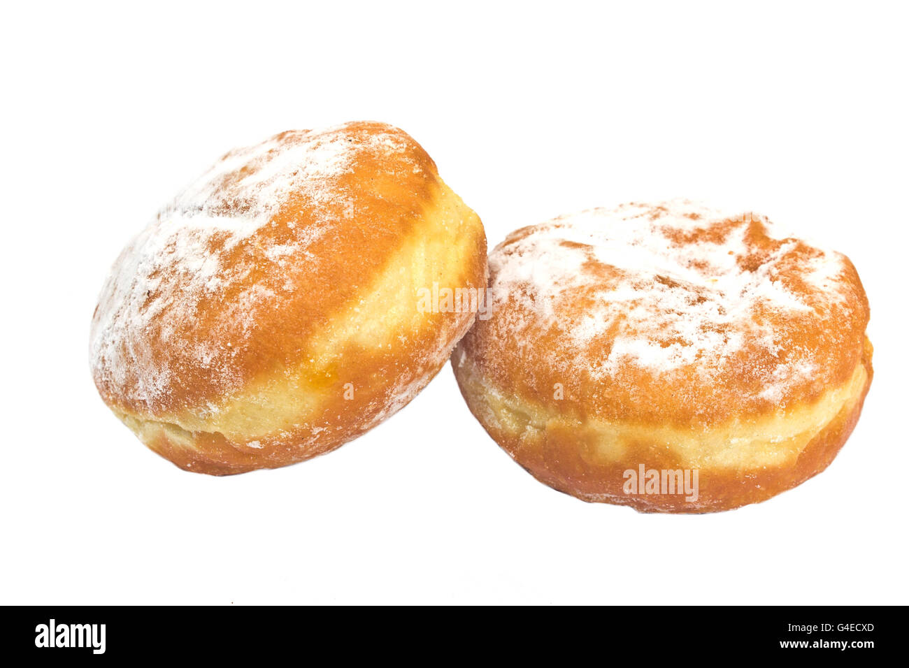 Zwei Berliner Donuts mit Zucker isoliert auf weiss gepudert Stockfoto