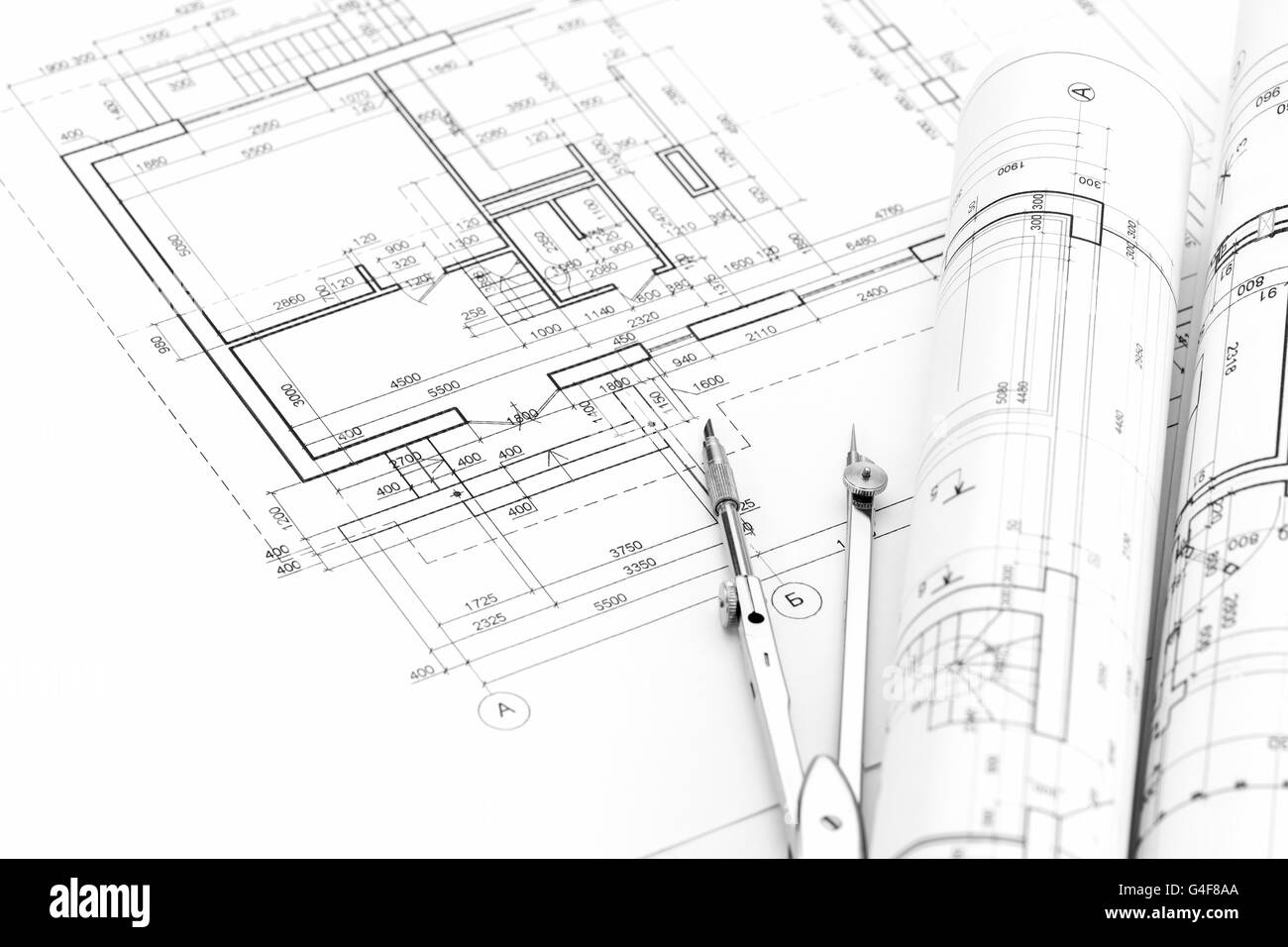architektonischen Hintergrund mit Plan, Baupläne, Rollen und Zeichnung Kompass Stockfoto