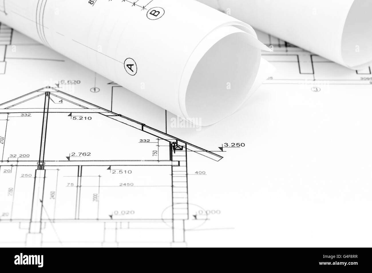 Home Pläne und Blueprint rollt, architektonischen Hintergrund Stockfoto