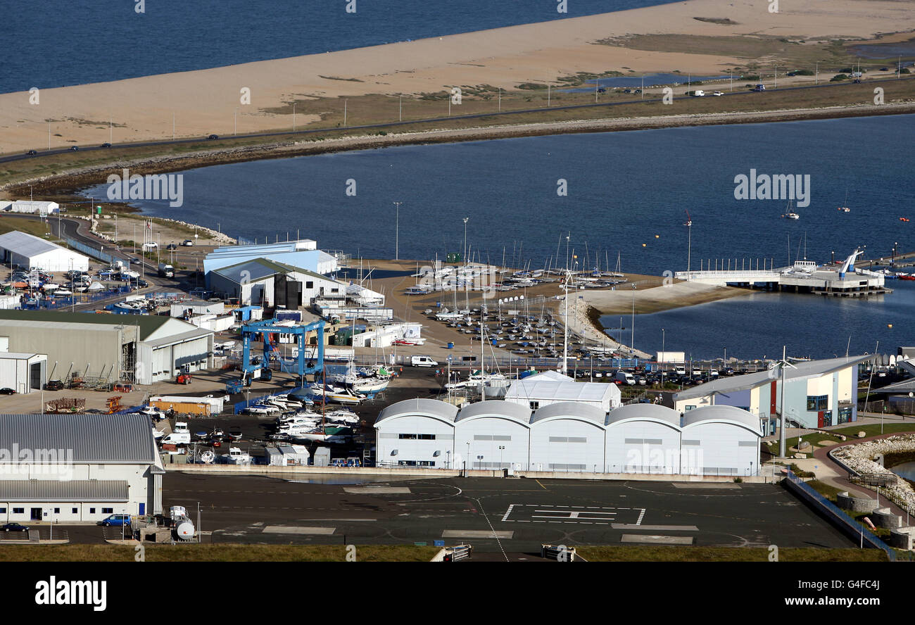 Eine allgemeine Ansicht der Weymouth und Portland Segelbasis Veranstaltungsort des Olympic Sailing Test Event und im nächsten Jahr Olympic Sailing Wettbewerb vor der heutigen Aktion von der London Olympic Games 2012 Test Event und Internationale Regatta in Weymouth. Stockfoto