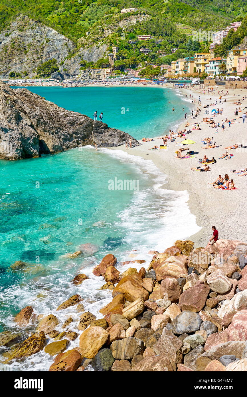 Strand von Monterosso al Mare, Cinque Terre, Ligurien, Italien Stockfoto