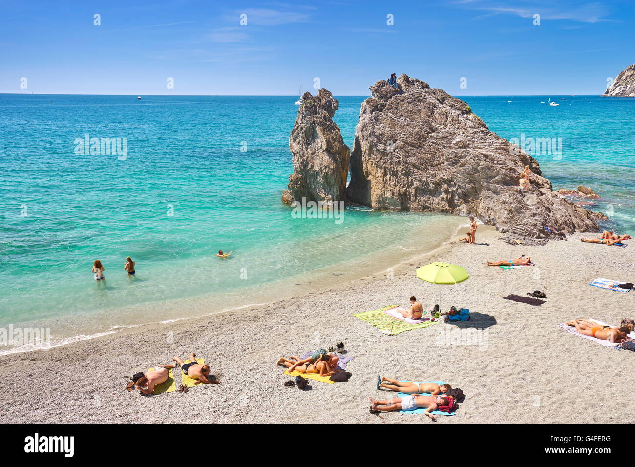 Strand von Monterosso al Mare, Cinque Terre, Ligurien, Italien Stockfoto