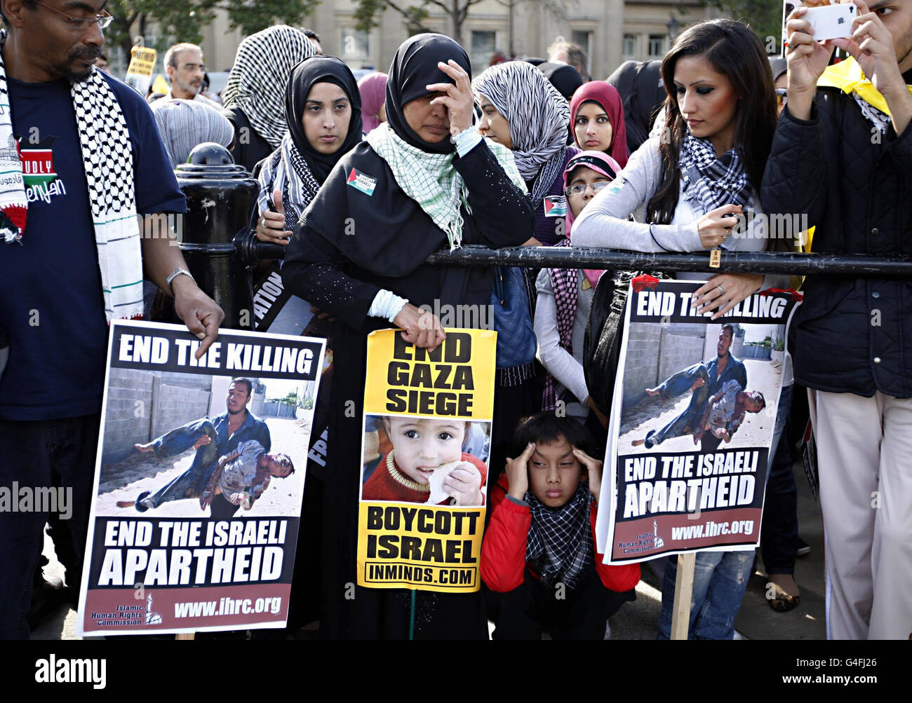 Der jährliche Al-Quds Day-marsch und die Kundgebung zur Unterstützung des palästinensischen Volkes mit der Kundgebung auf dem Londoner Trafalgar Square. Stockfoto