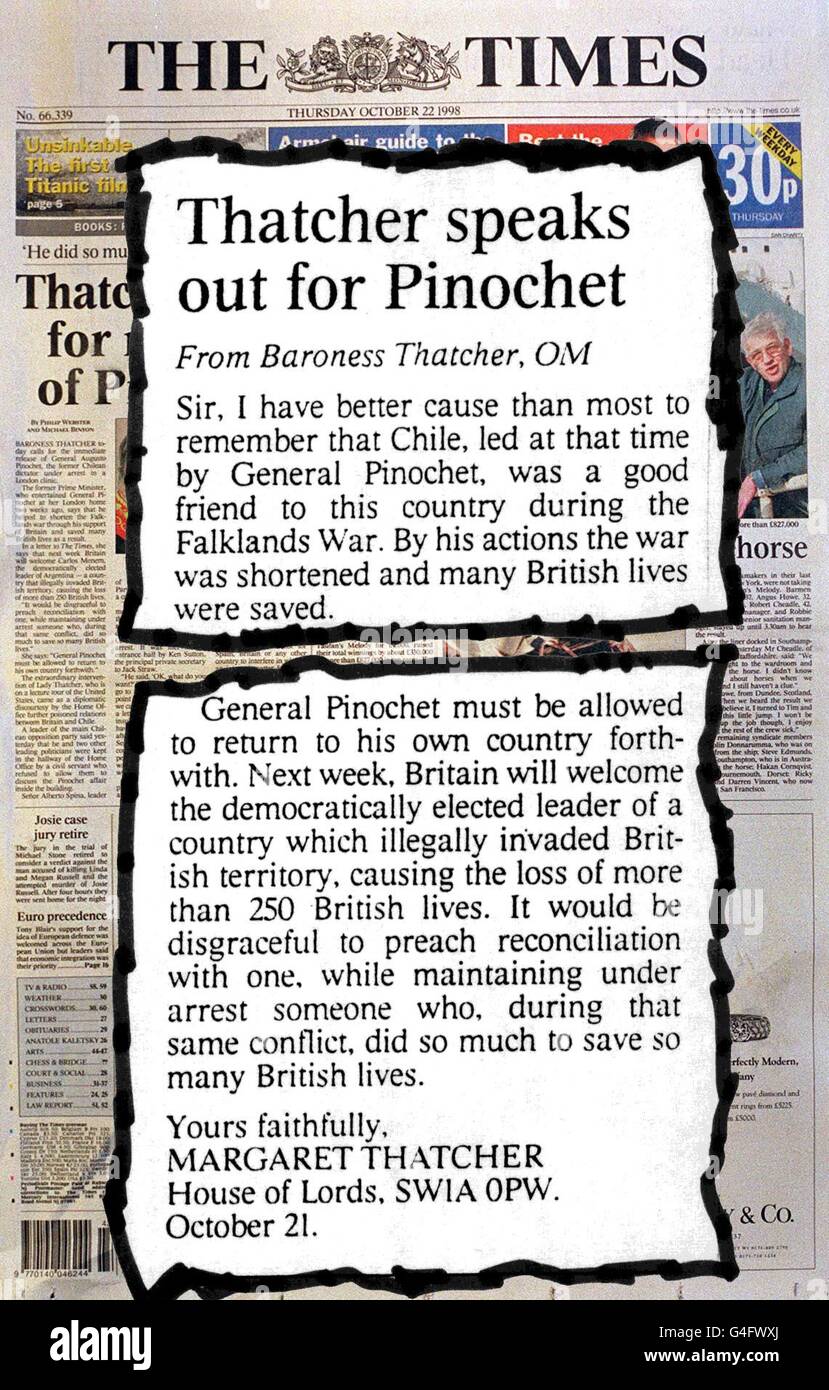Ein Brief der ehemaligen britischen Premierministerin Baroness Thatcher, der in The Times am Donnerstag, dem 22. Oktober 1998, veröffentlicht wurde und in dem die sofortige Freilassung des ehemaligen chilenischen Diktators General Augusto Pinochet gefordert wird, der nach einem Auslieferungsantrag der spanischen Behörden in London verhaftet wurde. Baroness Thatcher, die während des Krieges gegen Argentinien von 1982 Premierministerin war, sagte, Chile sei während des Konflikts "ein guter Freund dieses Landes" gewesen und müsse nun aus der Haft entlassen werden. Siehe PA Geschichte POLIZEI Pinochet. Stockfoto
