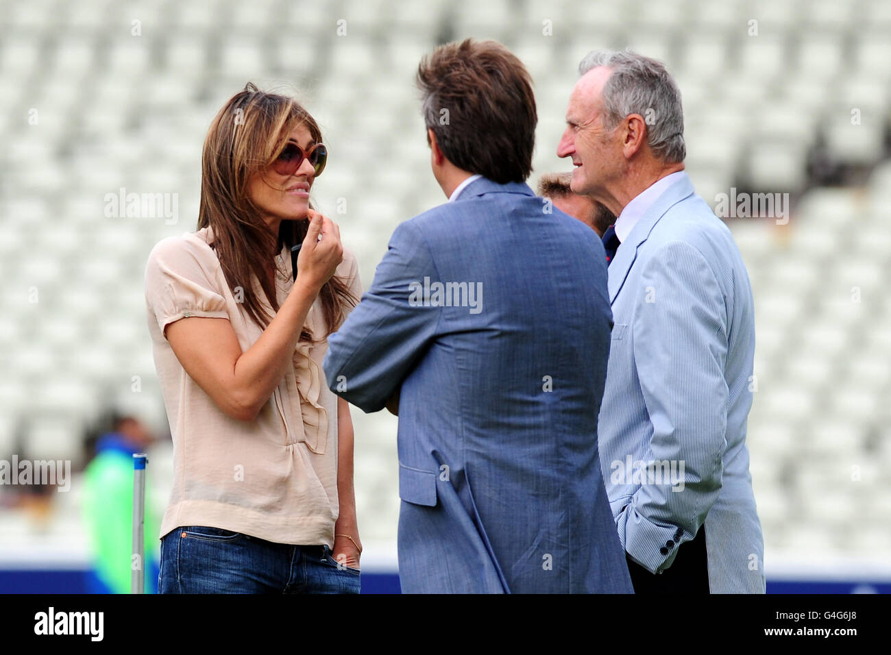 Liz Hurley in Edgbaston, Birmingham, nach dem dritten npower Test Match. Stockfoto
