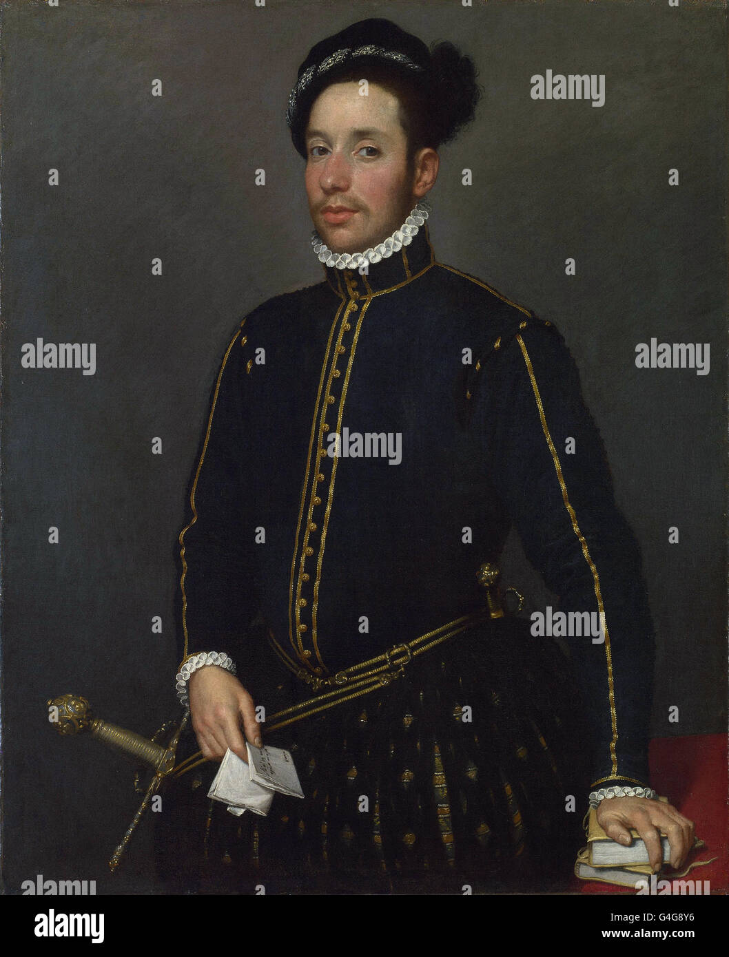 Giovanni Battista Moroni - Porträt eines linkshändigen Gentleman mit zwei Quartbände und einen Brief Stockfoto