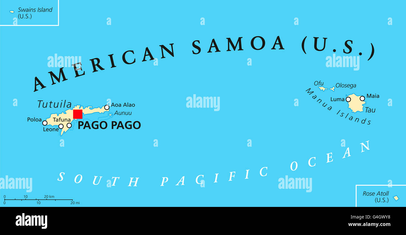 Amerikanisch-Samoa politische Karte mit Hauptstadt Pago Pago ist ein Territorium der USA und Teil der Samoa-Inseln im Pazifischen Ozean. Stockfoto