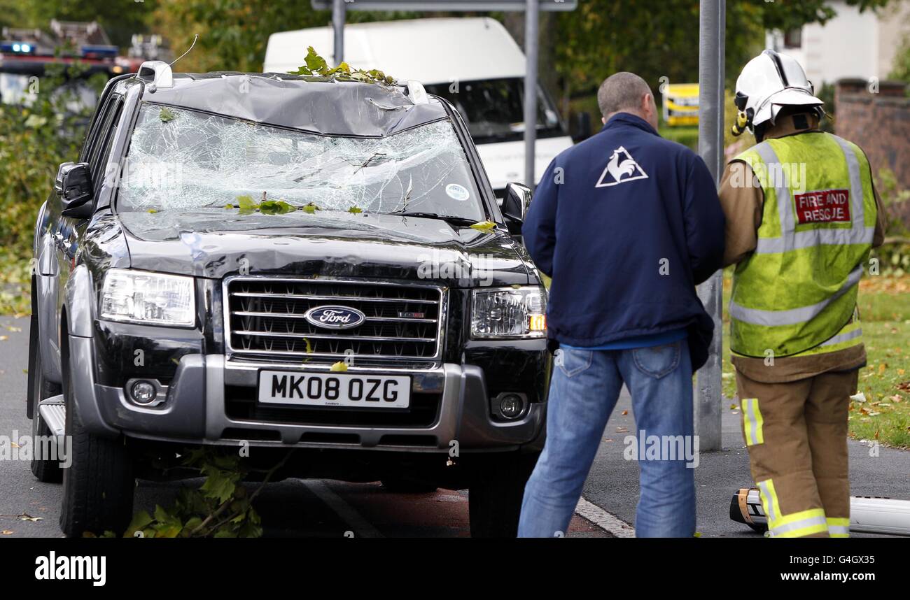 Starke Winde führen zu einem Überschlag von Bäumen und beschädigen dabei ein Auto auf dem Queens Drive, Allerton, Liverpool. Stockfoto