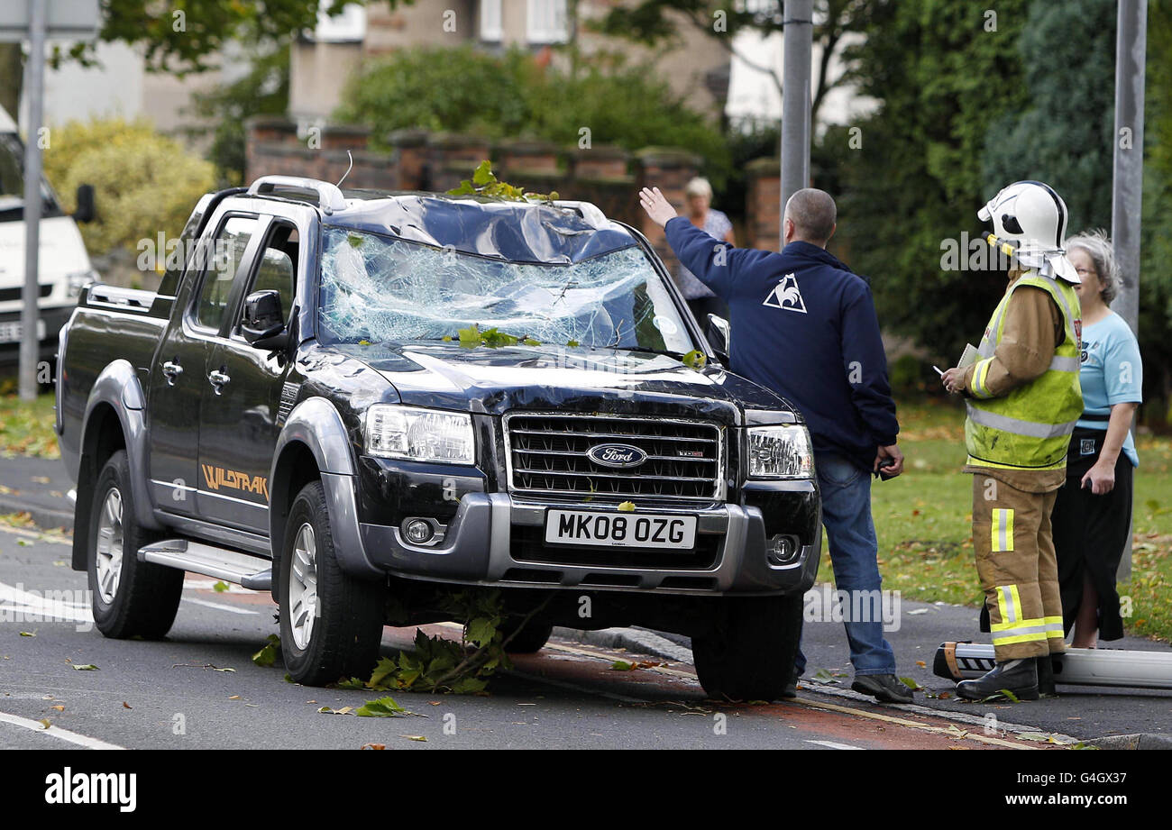 Starke Winde führen zu einem Überschlag von Bäumen und beschädigen dabei ein Auto auf dem Queens Drive, Allerton, Liverpool. Stockfoto