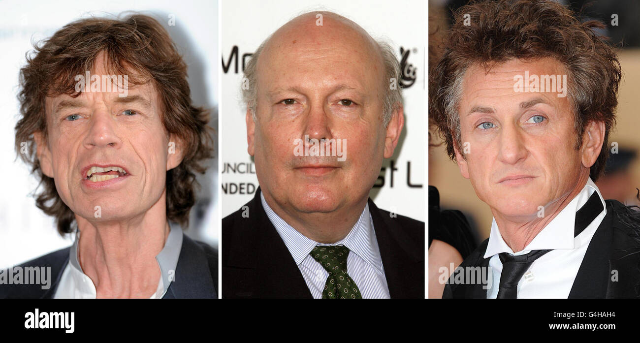 Undatierte Dateifotos von (von links nach rechts) Sir Mick Jagger, Julian Fellows und Sean Penn. Stockfoto