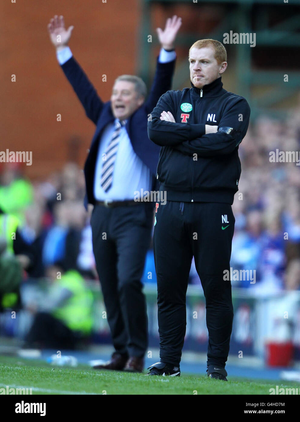 Rangers-Manager Ally McCoist (links) und Celtic-Manager Neil Lennon während des Spiels der Clydesdale Bank Scottish Premier League im Ibrox Stadium, Glasgow. Stockfoto