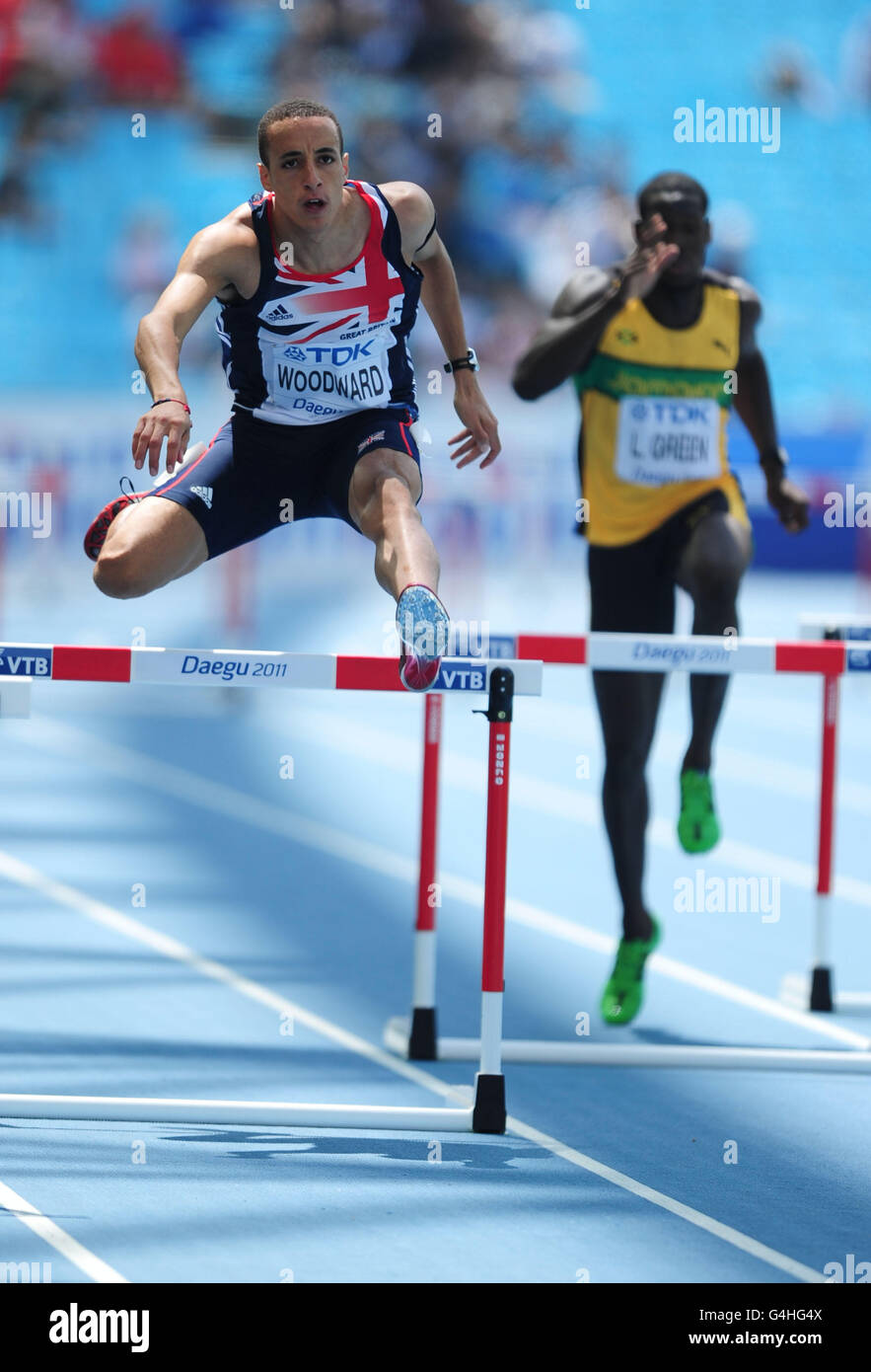 Leichtathletik - IAAF Weltmeisterschaften 2011 - Tag drei - Daegu. Der britische Nathan Woodward bei den 400-m-Hürden der Männer in Aktion Stockfoto