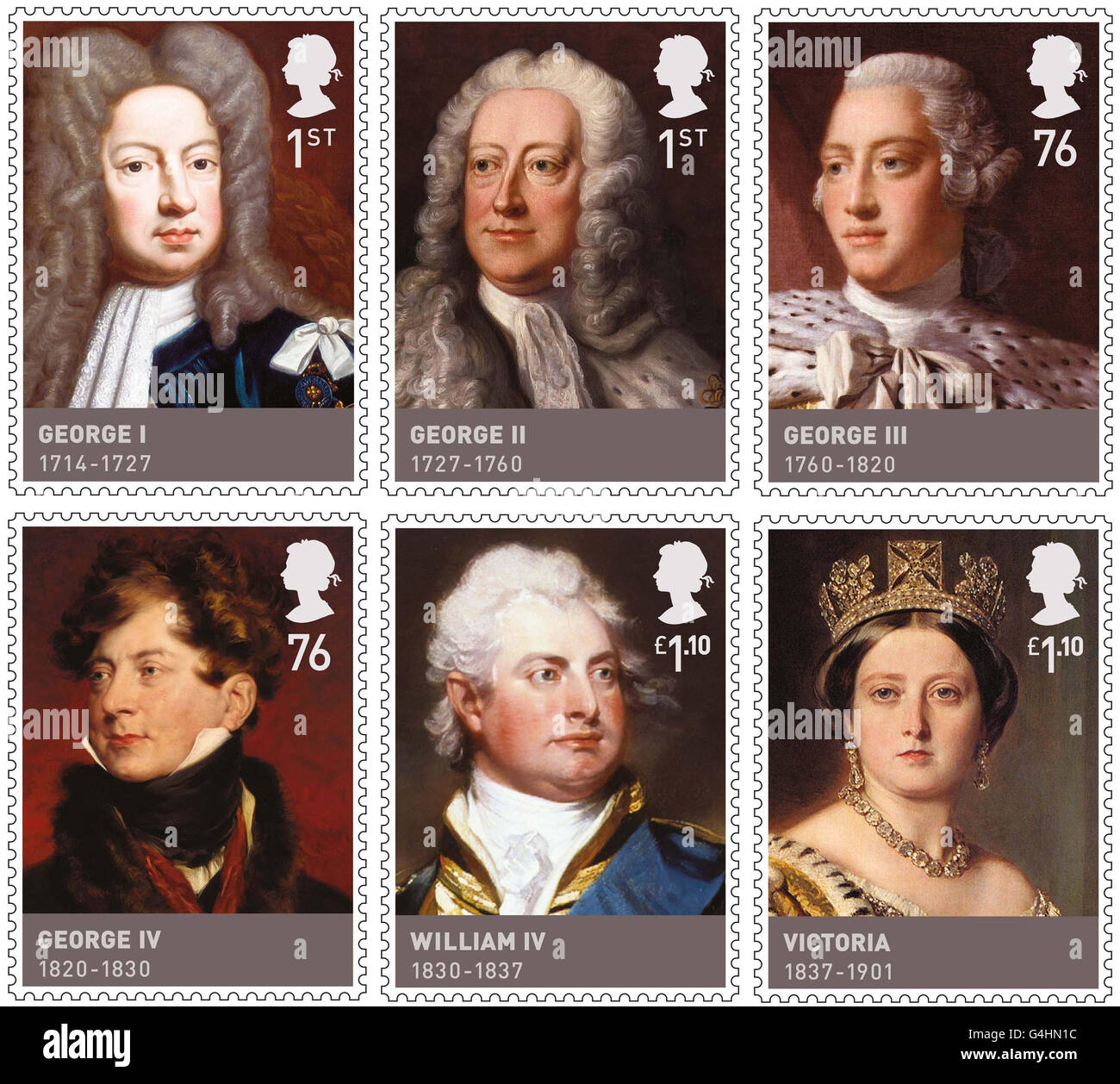 Eine Zusammenstellung von Briefmarken aus der Briefmarkenausgabe des Hauses Hannover von Royal Mail - die neueste ihrer Kings & Queens-Serie. Stockfoto