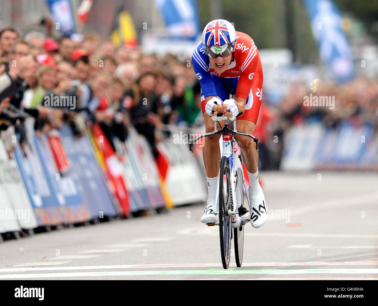 Der Großbritanniens Bradley Wiggins während des Männer-Elite-Zeitfahrens am dritten Tag der UCI Road Race World Championships in Kopenhagen. Stockfoto