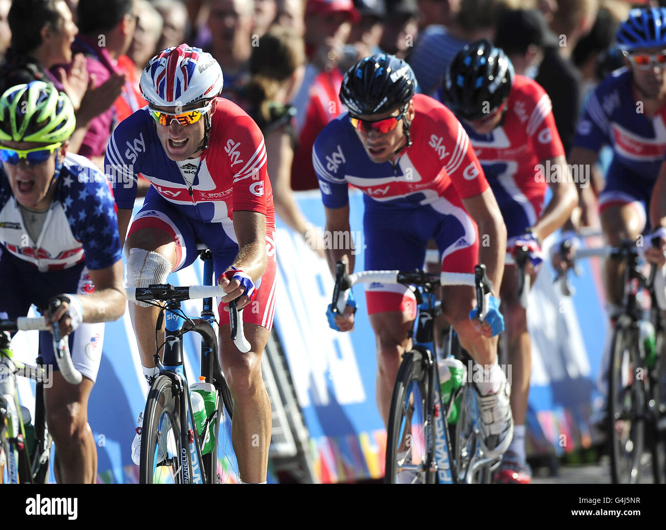 Großbritanniens Fahrer beim Men's Road Race am siebten Tag der UCI Road Race World Championships, Kopenhagen. Stockfoto