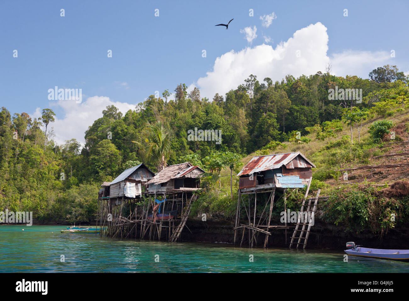 Traditionelle Häuser gebaut auf Pfählen, Gam, Raja Ampat, West-Papua, Indonesien Stockfoto